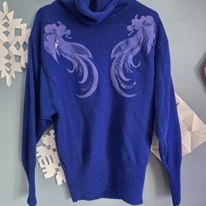 Vintage 80s Semplice Royal Blue Pure Wool Cowl Neck Sweater with Leather Trim